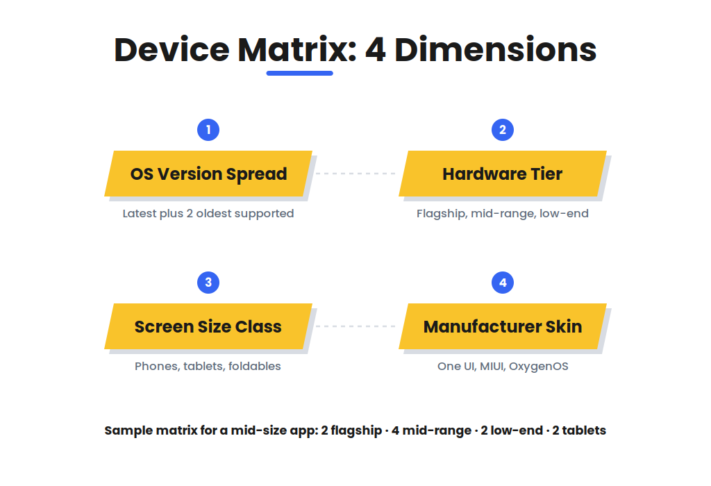 Device matrix for real device testing balancing OS versions hardware tiers screen sizes and manufacturer skins