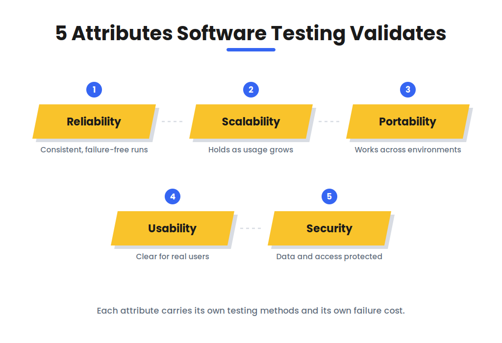 5 attributes software testing validates including reliability scalability portability usability and security