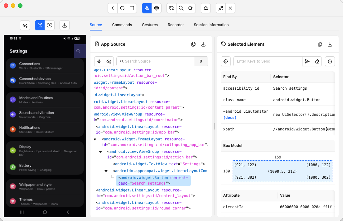 Appium Inspector session showing device screenshot, element tree, and element properties panel