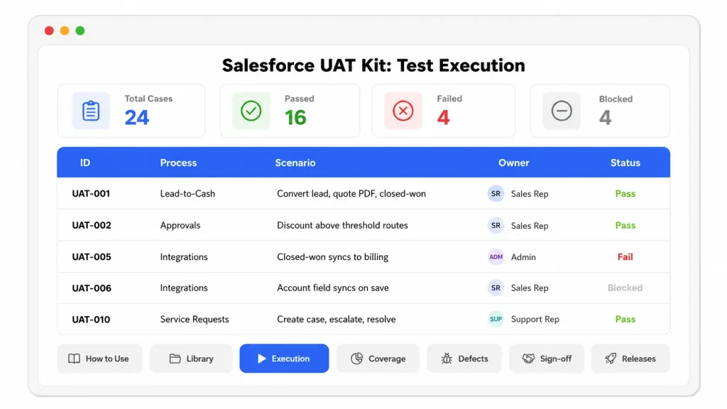 Salesforce UAT Testing: Process, Template, and Best Practices 3 Core Test Journeys